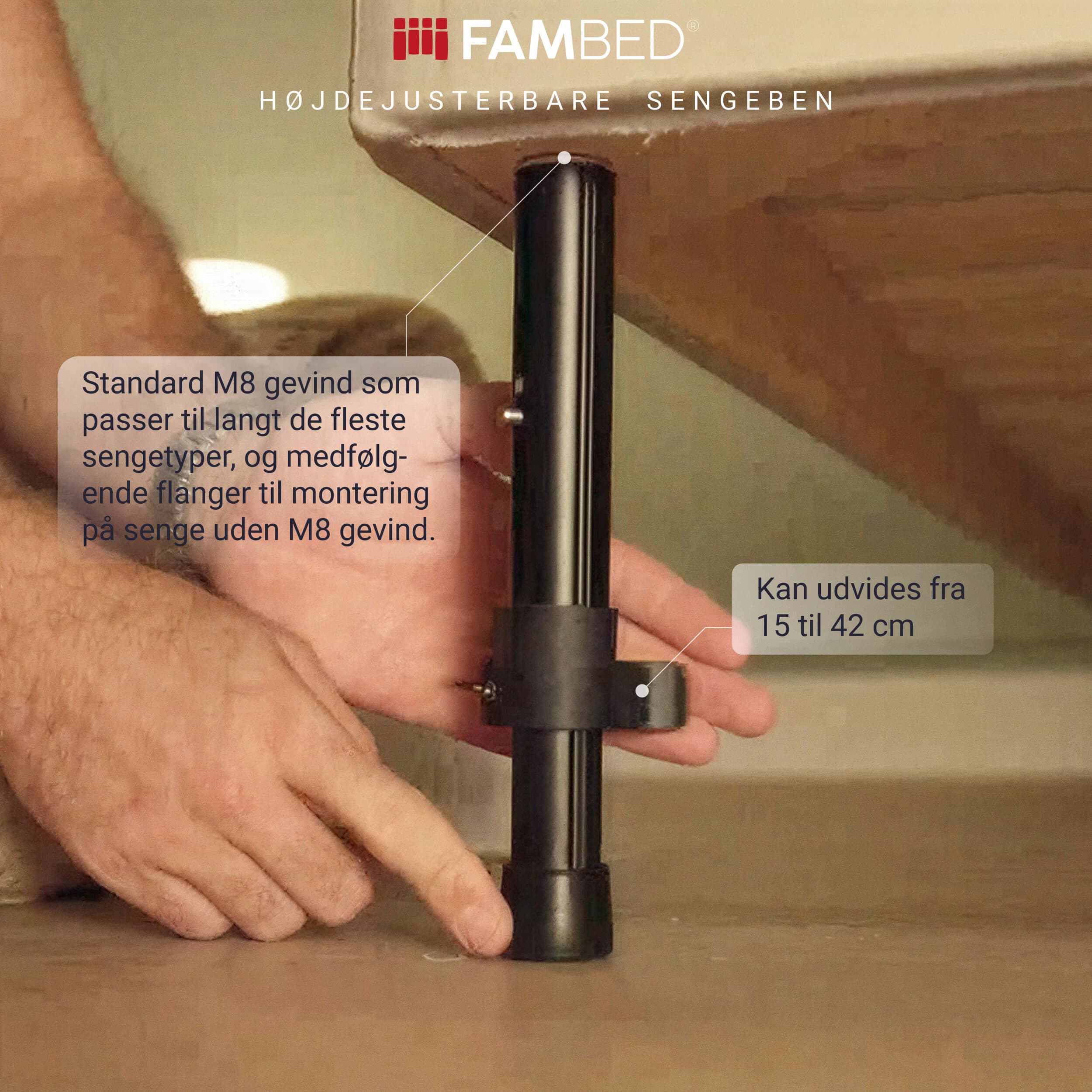 Infographic showing a black adjustable bed leg being fitted beneath a bed, with details about its M8 thread and adjustable height from 15 to 42 cm