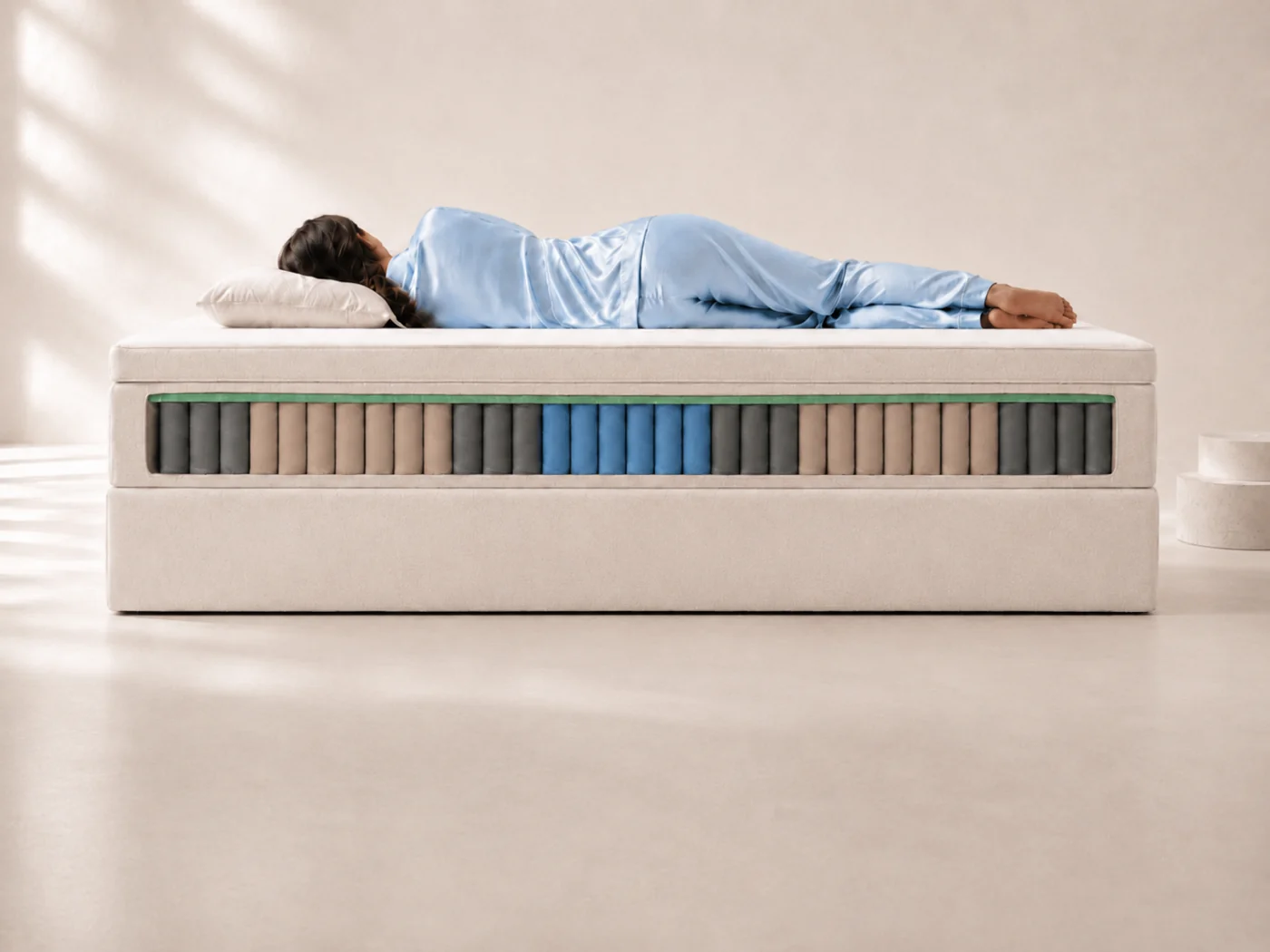 Side view of the bed with the front of the mattress opened, showing rows of grey, beige and blue pocket springs forming zones across the mattress, with an adult in light blue nightwear lying on their side on top
