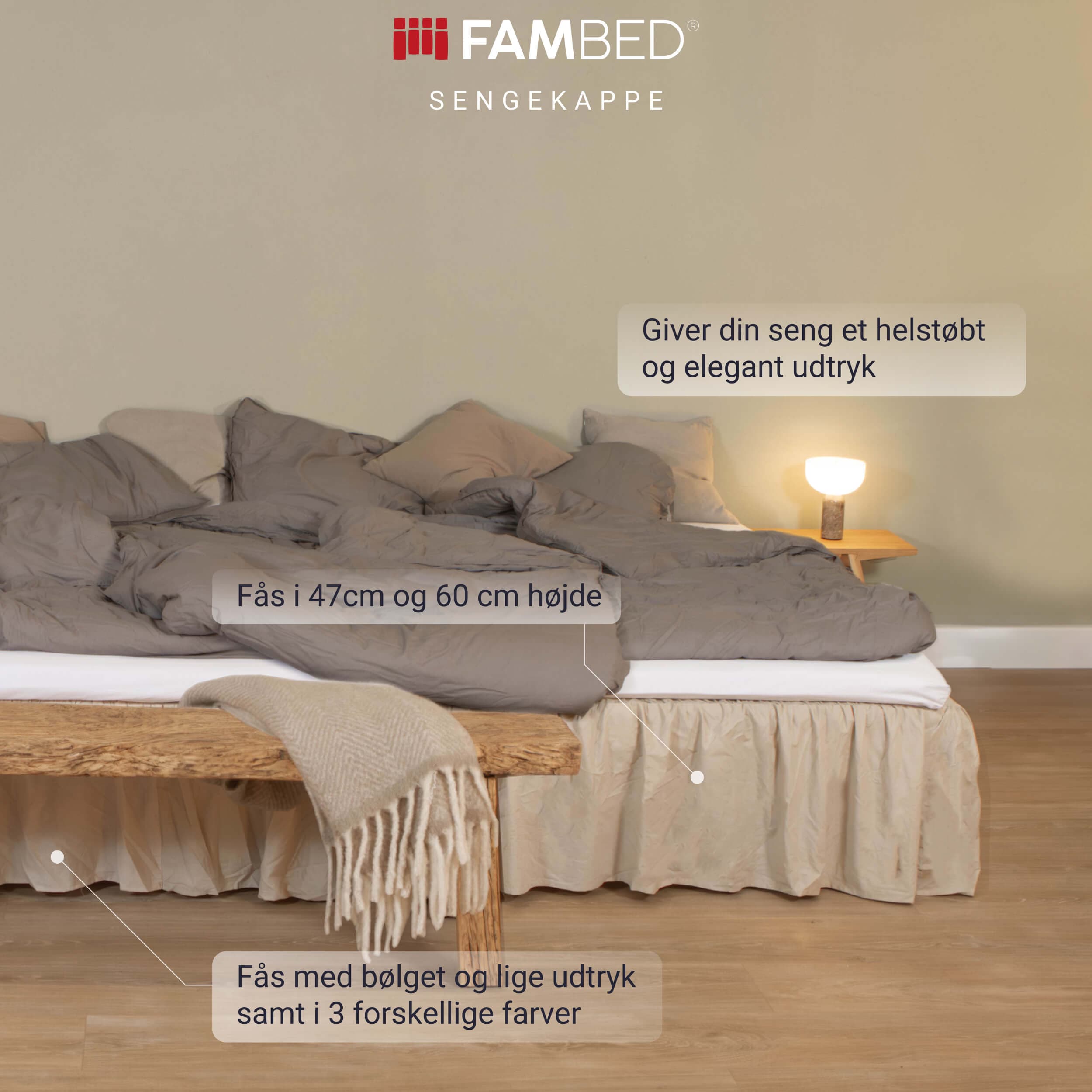 Family bed with a beige bed skirt covering the bed base and the space underneath